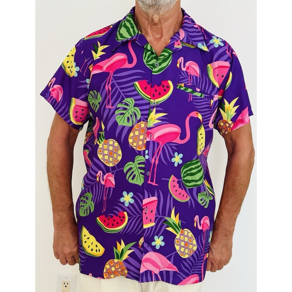 Men’s New King Kameha Hawaiian Shirt – Flamingo & Tropical Print – Size L – NWOT